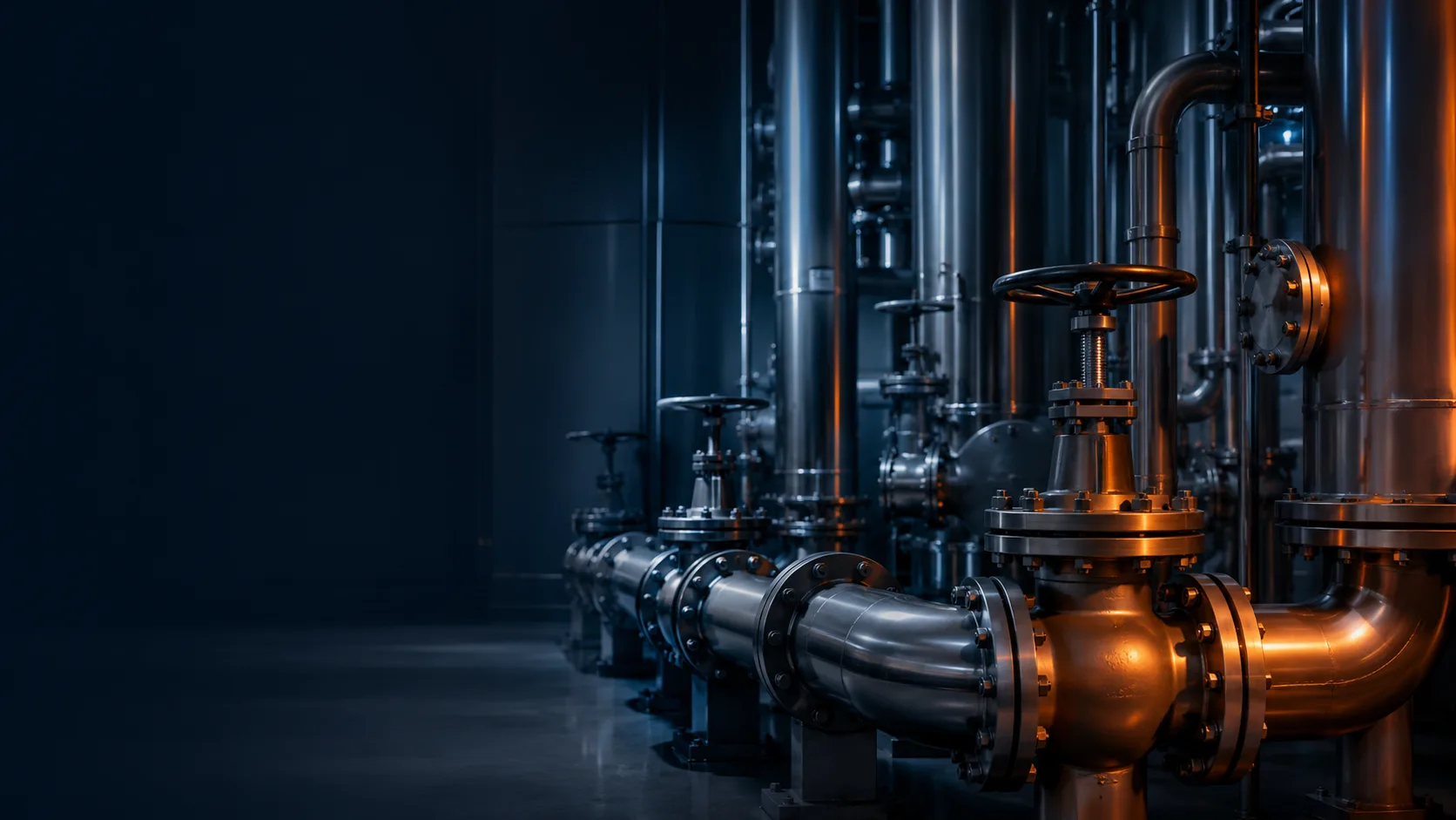 Industrial fluid-system pipework with isolation valves and flanged connections